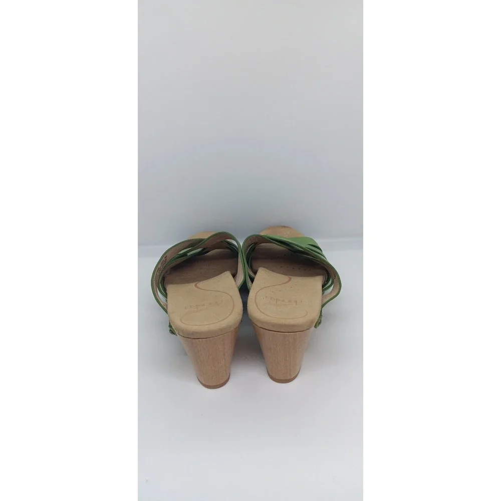 Dansko Women Green Leather Woven Slip On Wooden Wedge Sandals Clogs Size 38